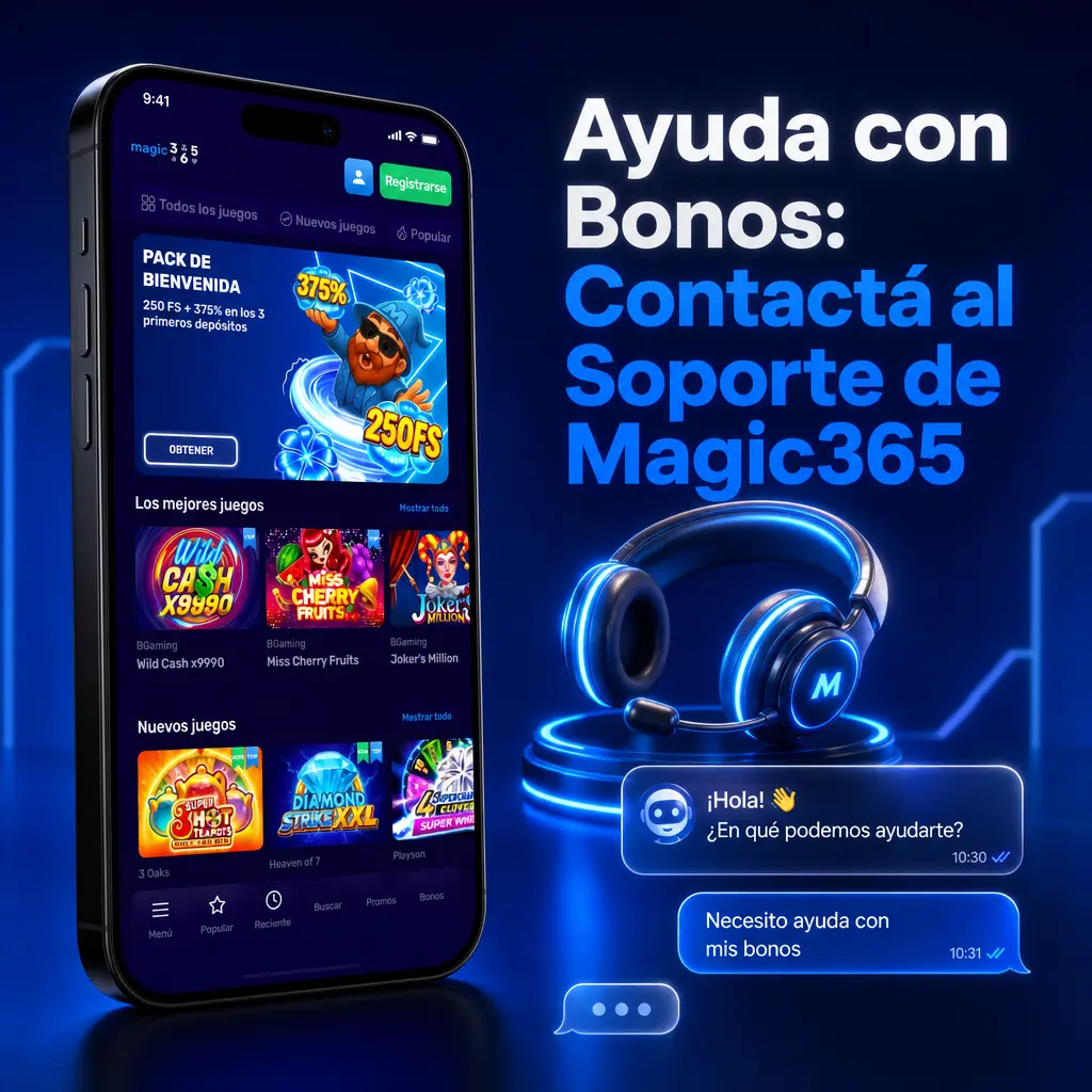 Soporte de Magic365 disponible 24/7 para consultas sobre bonos vía chat, correo, WhatsApp y Telegram