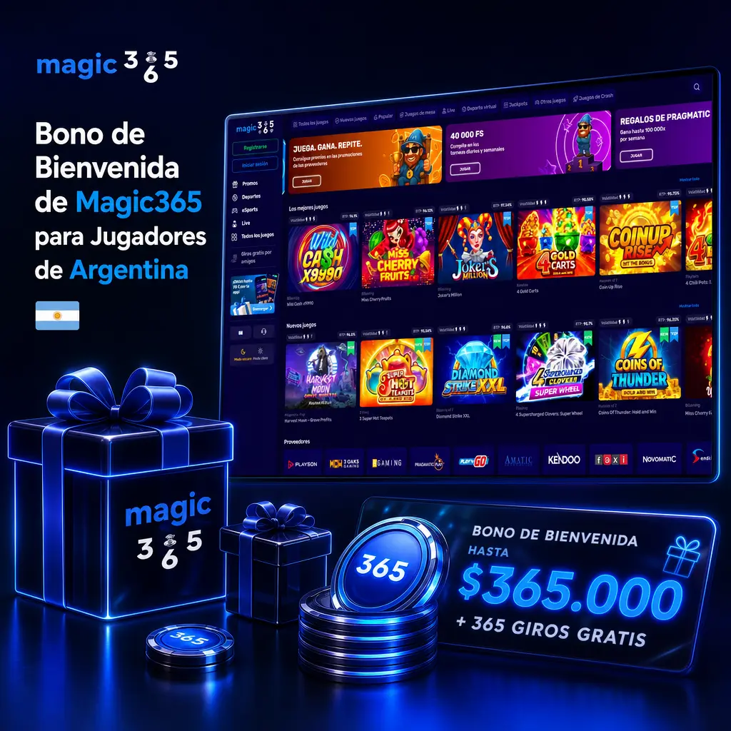 Bono de bienvenida Magic365 Argentina: 200% hasta 16.000 ARS en deportes y 150% hasta 12.000 ARS más giros gratis en casino.