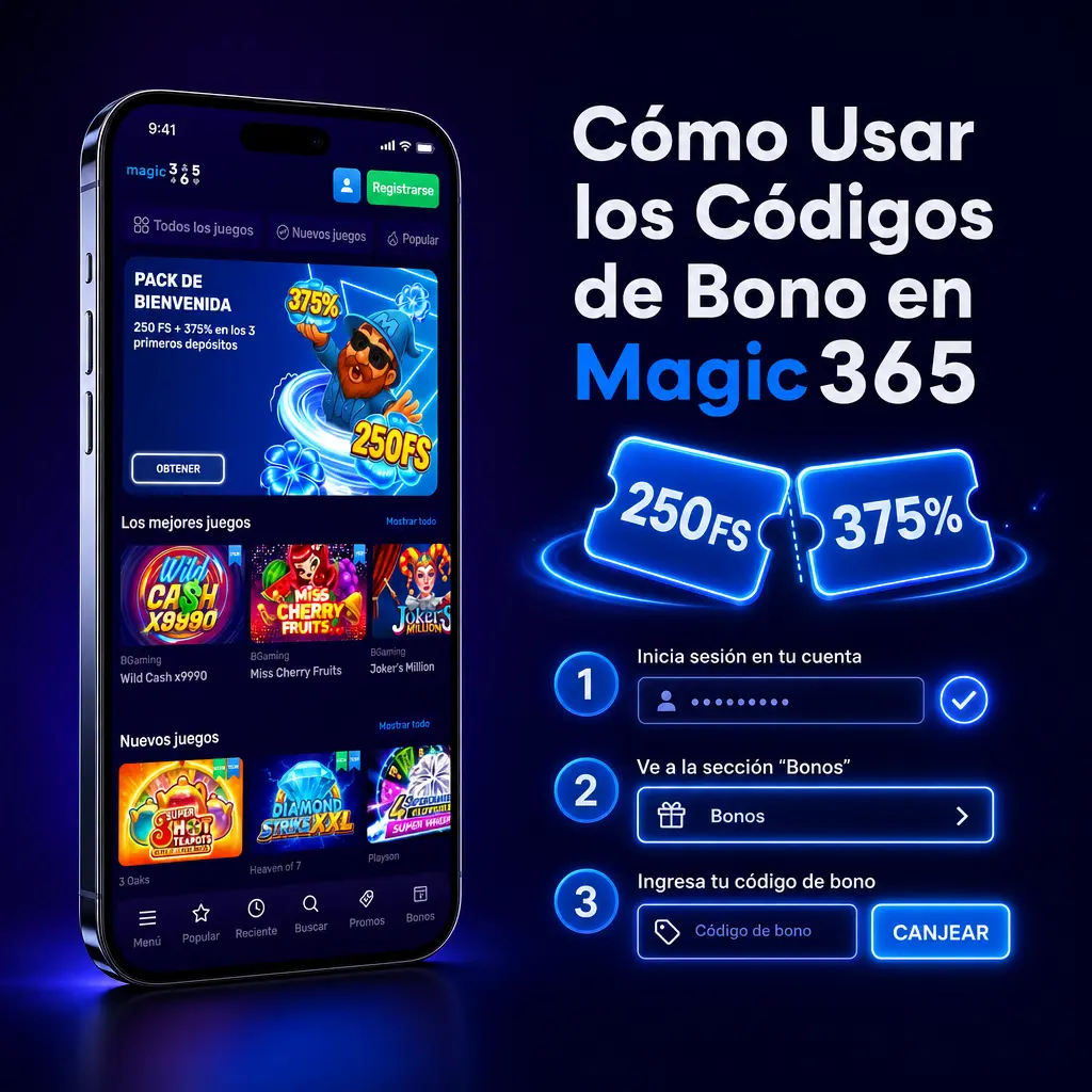 Pantalla de Magic365 mostrando cómo ingresar un código de bono en la sección Caja al hacer un depósito.