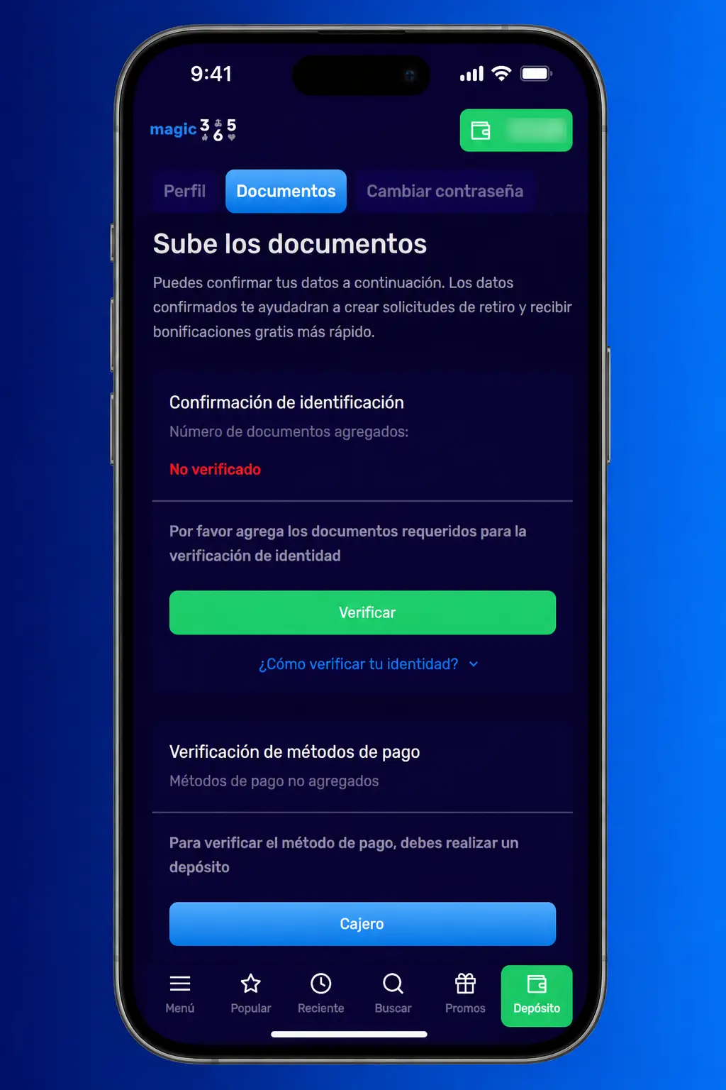 Pasos para verificar tu cuenta en Magic365: cargá tu DNI, factura de servicios y confirmá tu método de depósito.