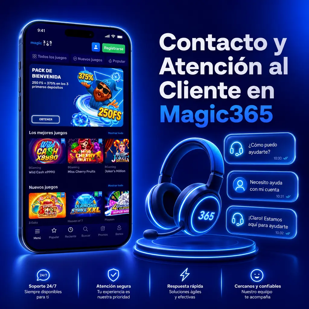 Atención al cliente de Magic365 disponible 24/7 por chat, email, WhatsApp y Telegram