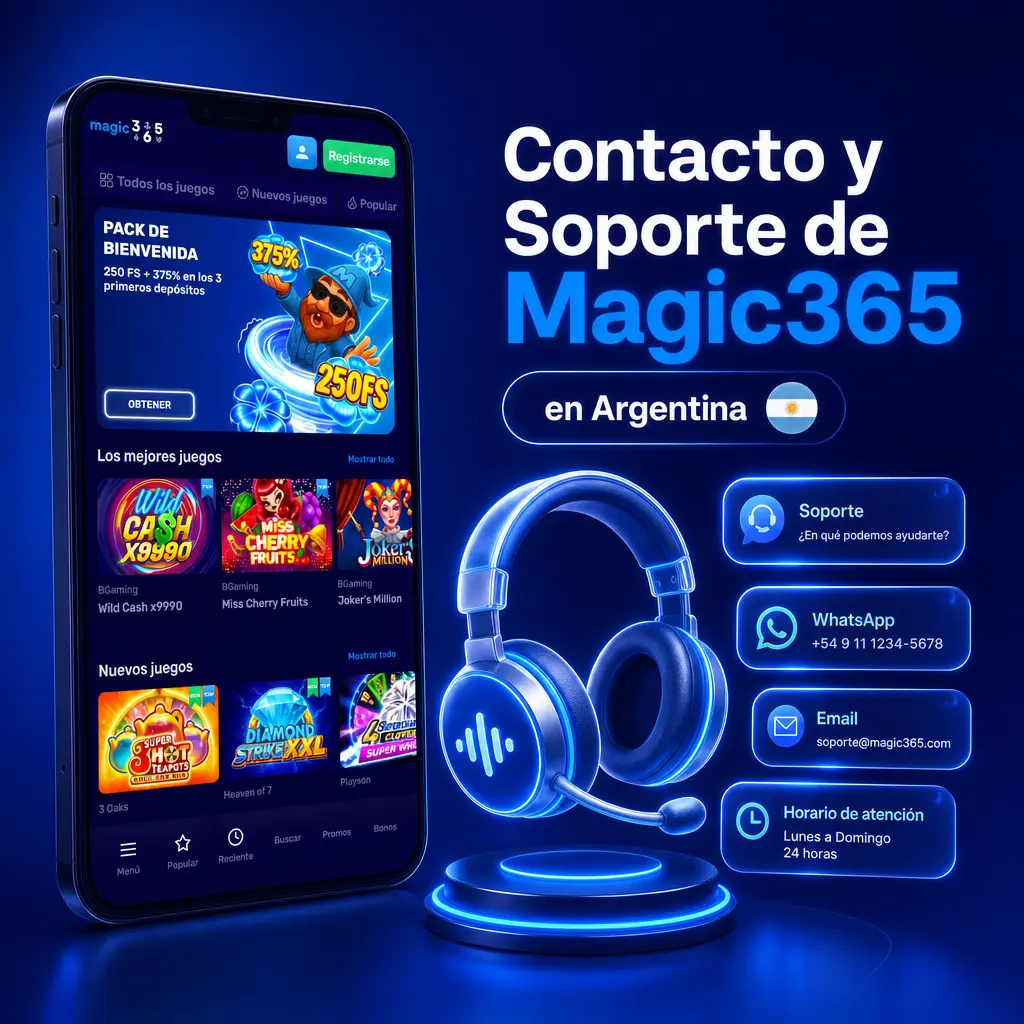 Equipo de soporte de Magic365 en Argentina disponible 24/7 por chat, correo y redes sociales para resolver consultas de cuenta.