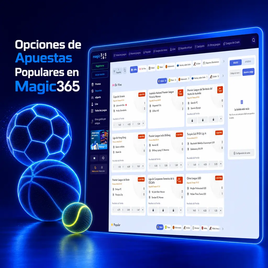 Opciones de apuestas en Magic365: simples, combinadas y en vivo con cuotas actualizadas para cada evento deportivo.