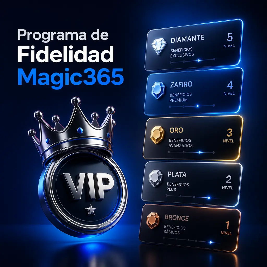 Club VIP Magic365: niveles Bronce, Plata, Oro y Platino con cashback semanal según puntos acumulados por apuestas.