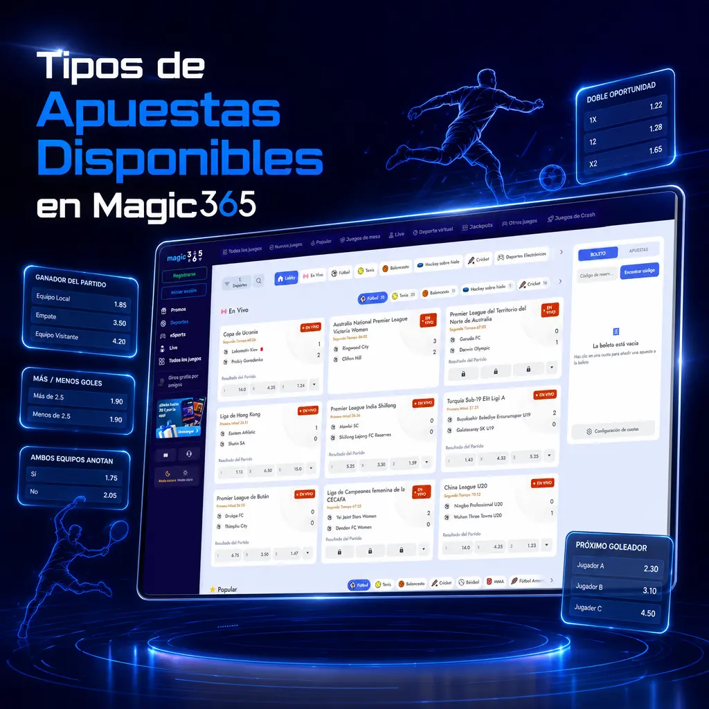 Tipos de apuestas en Magic365: hándicap asiático, total de goles, ambos anotan, doble oportunidad y marcador exacto.